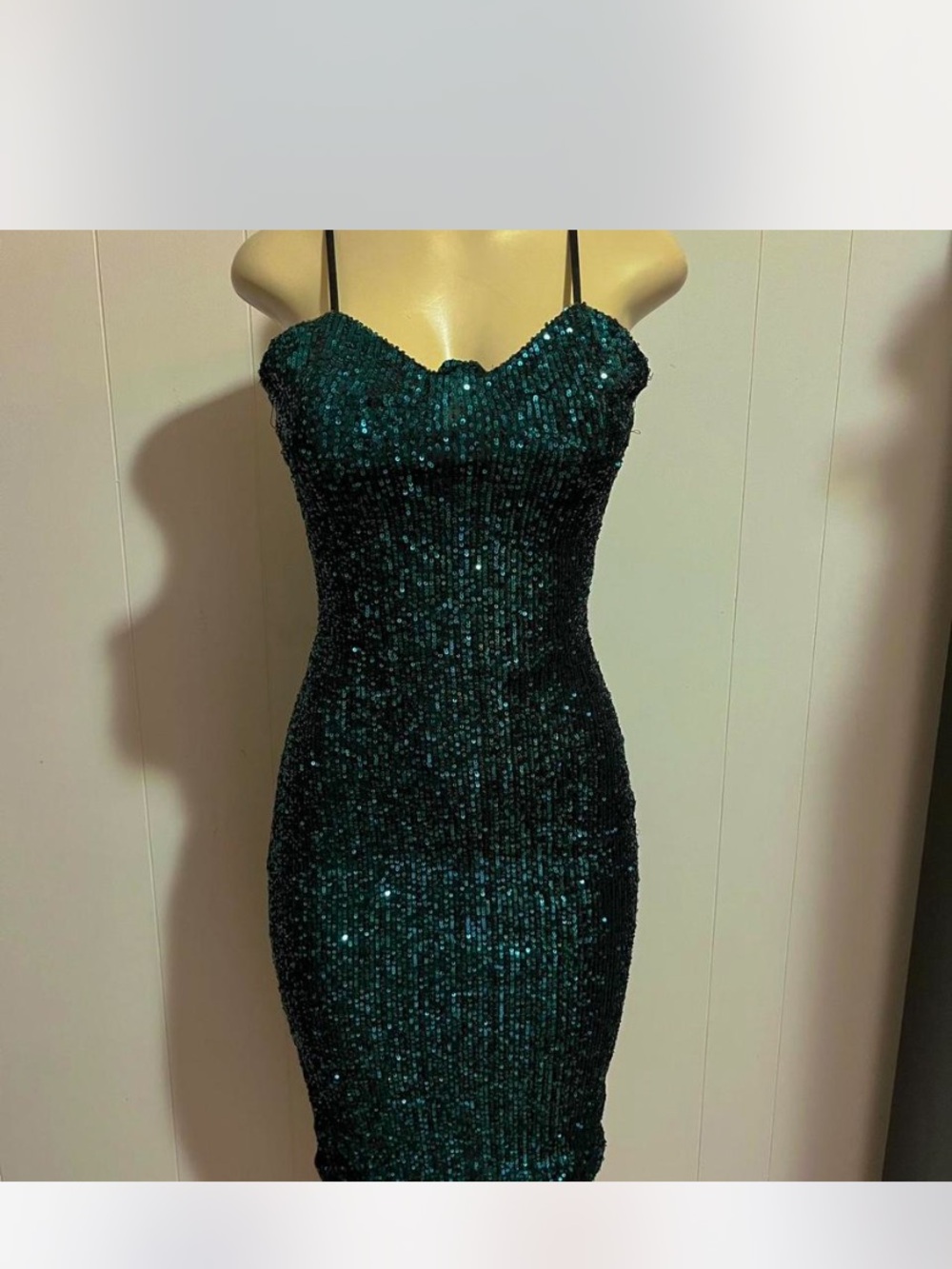 Sequined Teal Bodycon Spaghetti Strap Dress